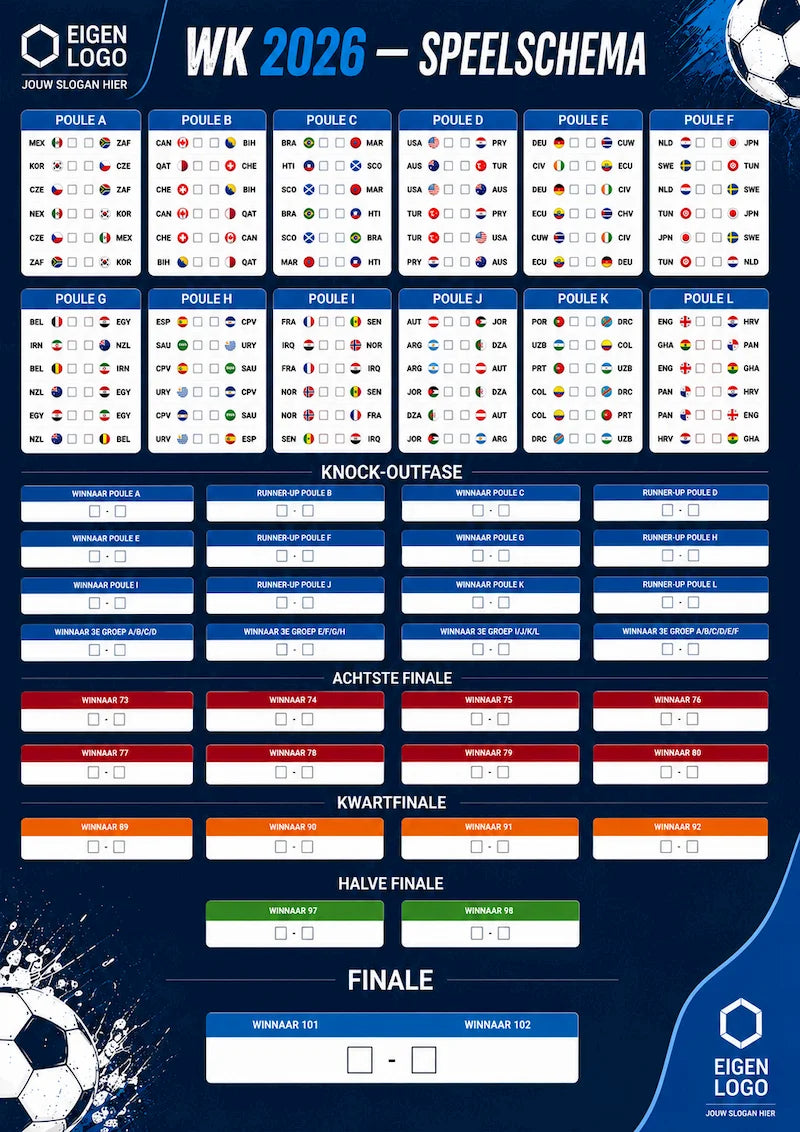 Custom Poster IDBoard WK 2026 Speelschema – 100 x 70 cm